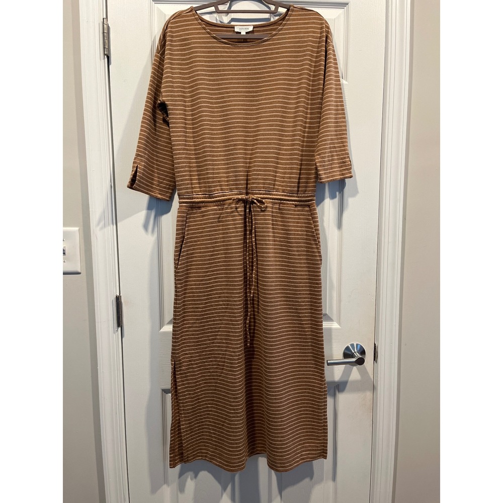 Haven Well WithinTalbot Brown Striped Midi Dress Drawstring Waist Pockets Medium